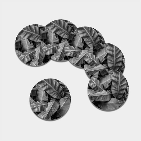 Black And White Banana Leaf Print Leather Coaster Set