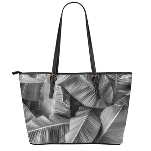 Black And White Banana Leaf Print Leather Tote Bag