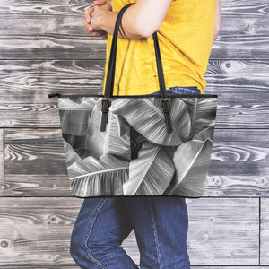 Black And White Banana Leaf Print Leather Tote Bag