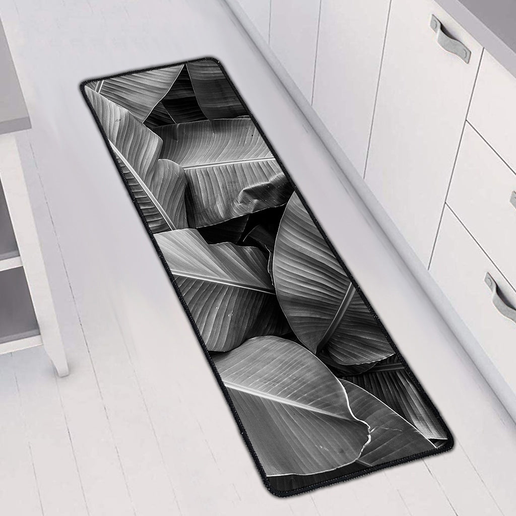 Black And White Banana Leaf Print Long Kitchen Mat