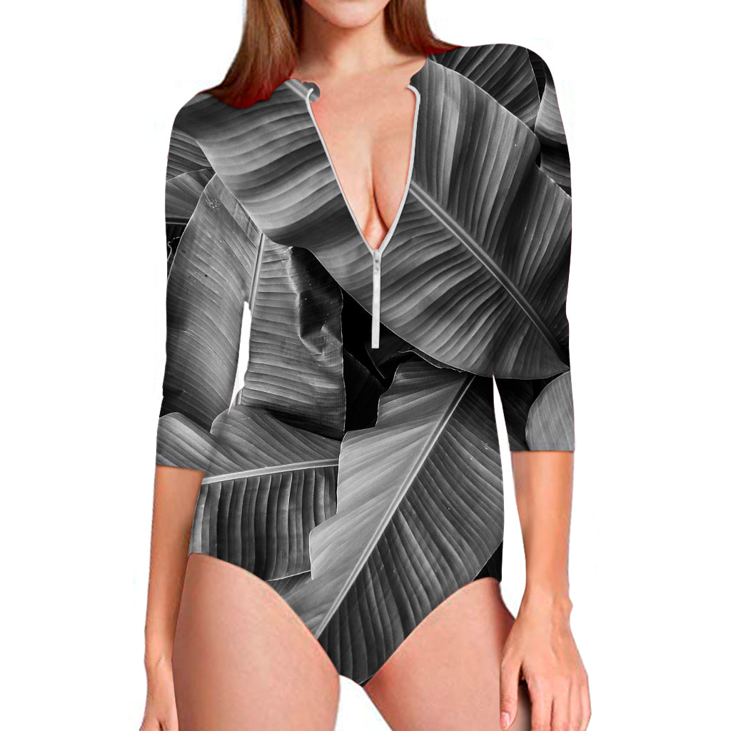 Black And White Banana Leaf Print Long Sleeve Swimsuit