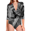 Black And White Banana Leaf Print Long Sleeve Swimsuit