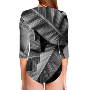 Black And White Banana Leaf Print Long Sleeve Swimsuit