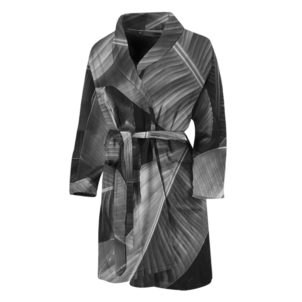 Black And White Banana Leaf Print Men's Bathrobe