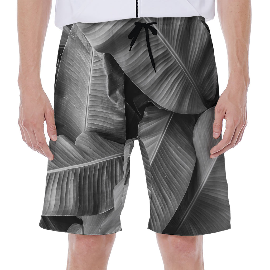 Black And White Banana Leaf Print Men's Beach Shorts