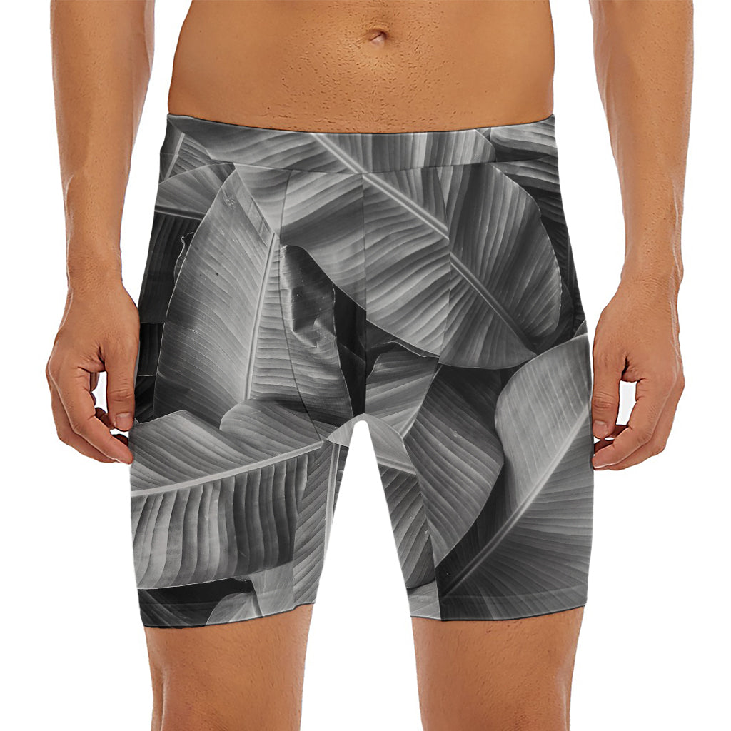 Black And White Banana Leaf Print Men's Long Boxer Briefs