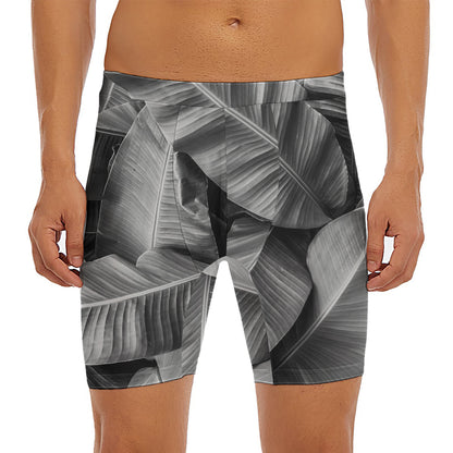 Black And White Banana Leaf Print Men's Long Boxer Briefs