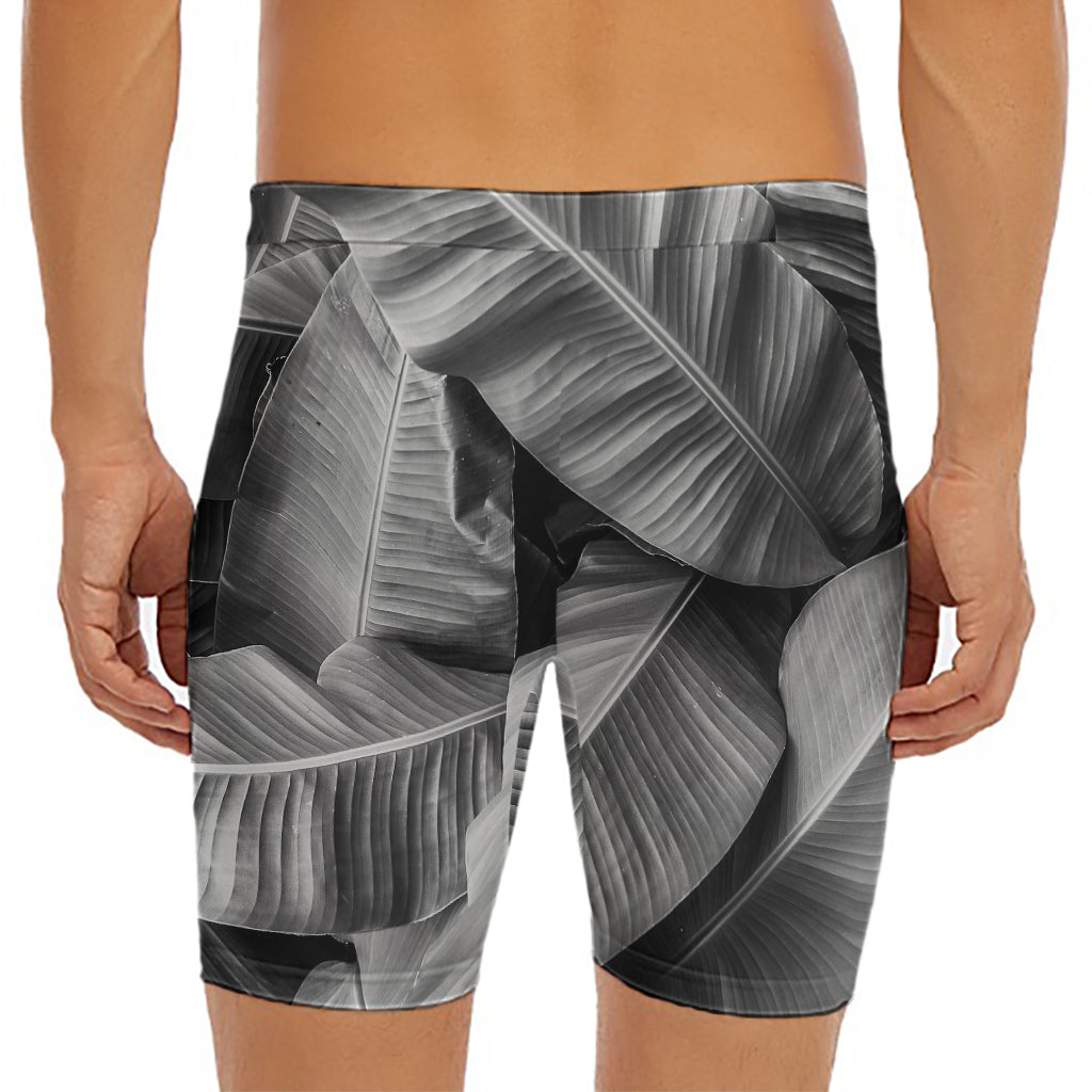 Black And White Banana Leaf Print Men's Long Boxer Briefs