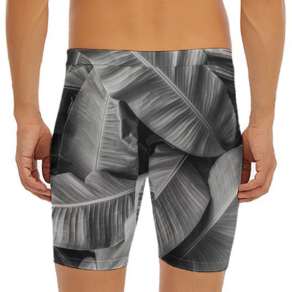 Black And White Banana Leaf Print Men's Long Boxer Briefs