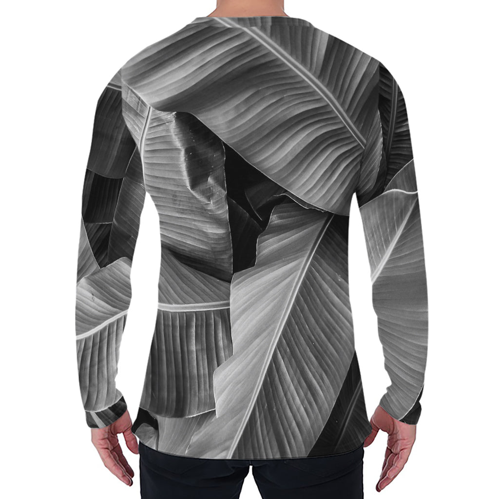 Black And White Banana Leaf Print Men's Long Sleeve T-Shirt