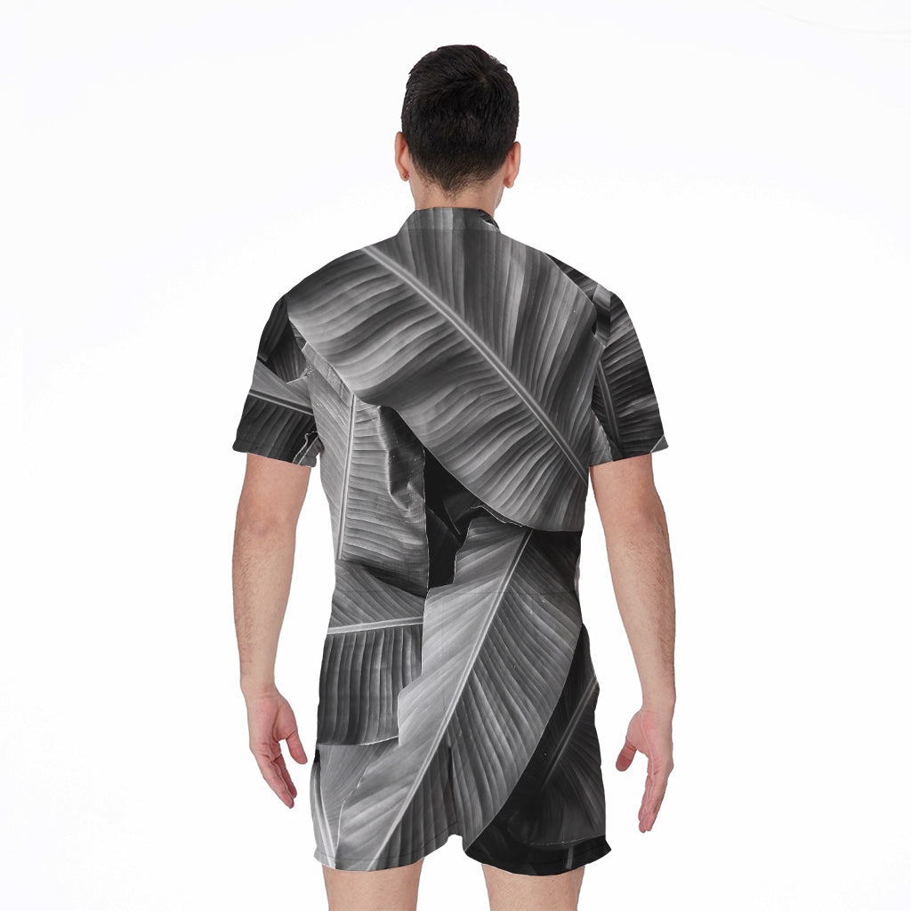 Black And White Banana Leaf Print Men's Rompers