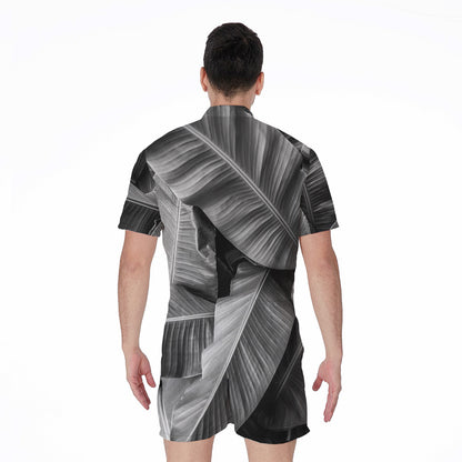Black And White Banana Leaf Print Men's Rompers