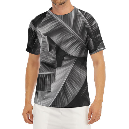 Black And White Banana Leaf Print Men's Short Sleeve Rash Guard