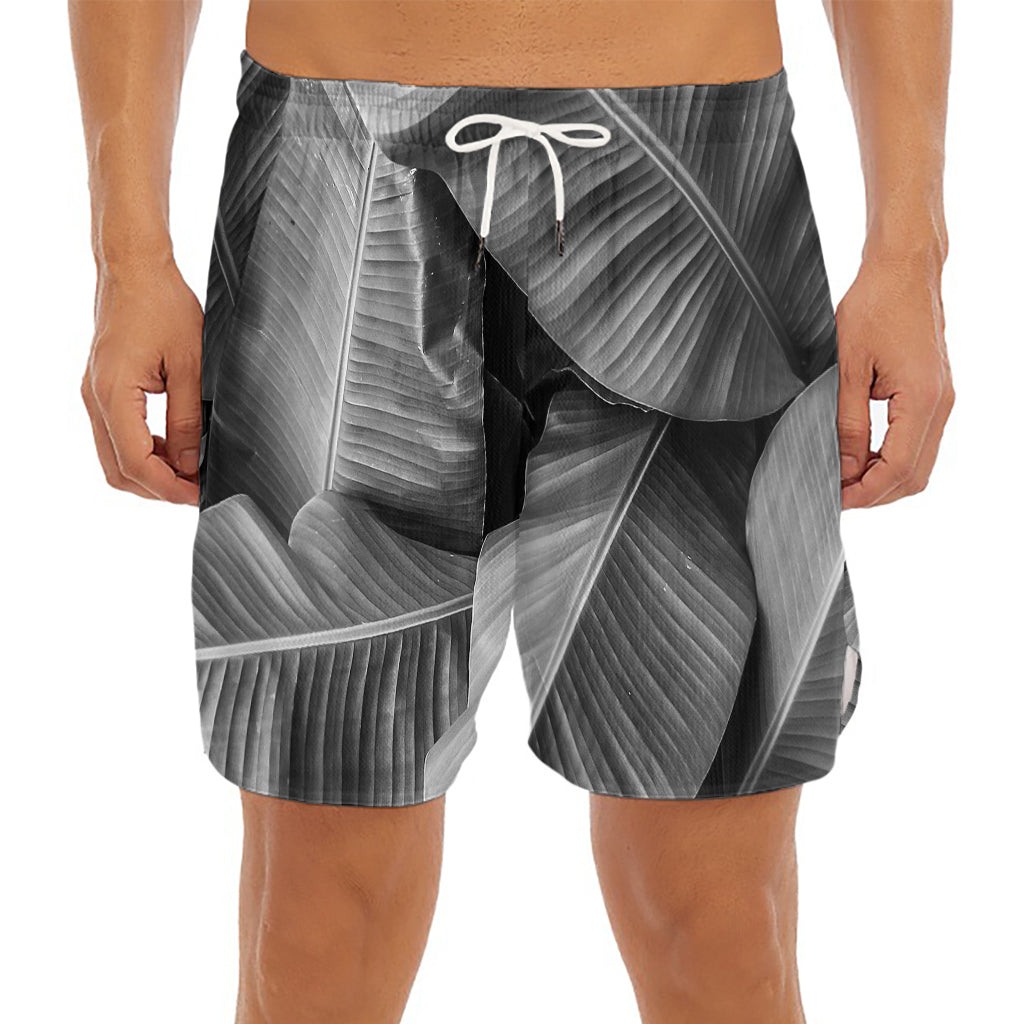 Black And White Banana Leaf Print Men's Split Running Shorts