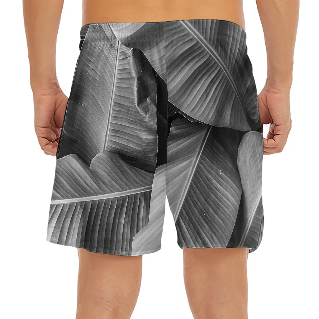 Black And White Banana Leaf Print Men's Split Running Shorts