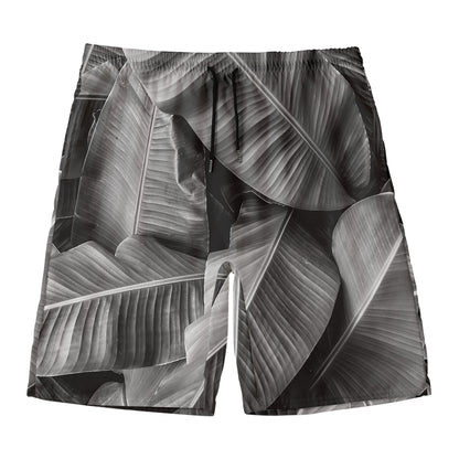 Black And White Banana Leaf Print Men's Swim Trunks