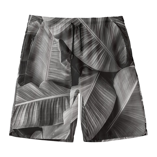 Black And White Banana Leaf Print Men's Swim Trunks