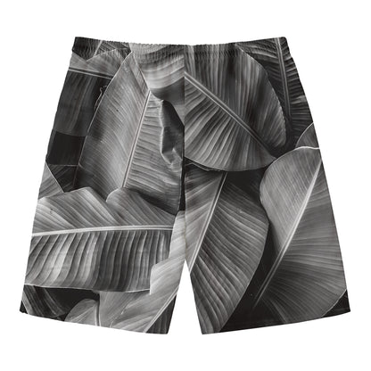 Black And White Banana Leaf Print Men's Swim Trunks