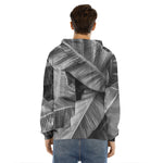 Black And White Banana Leaf Print Men's Velvet Pullover Hoodie
