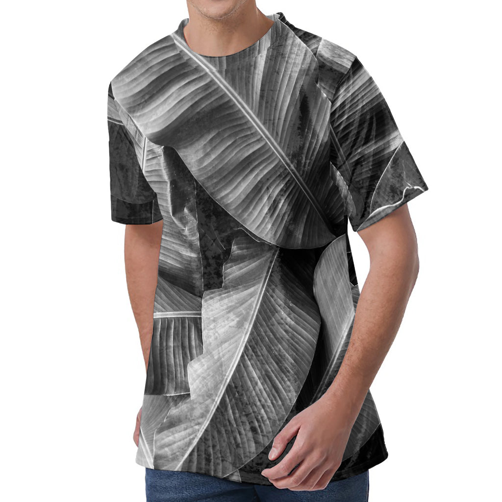 Black And White Banana Leaf Print Men's Velvet T-Shirt