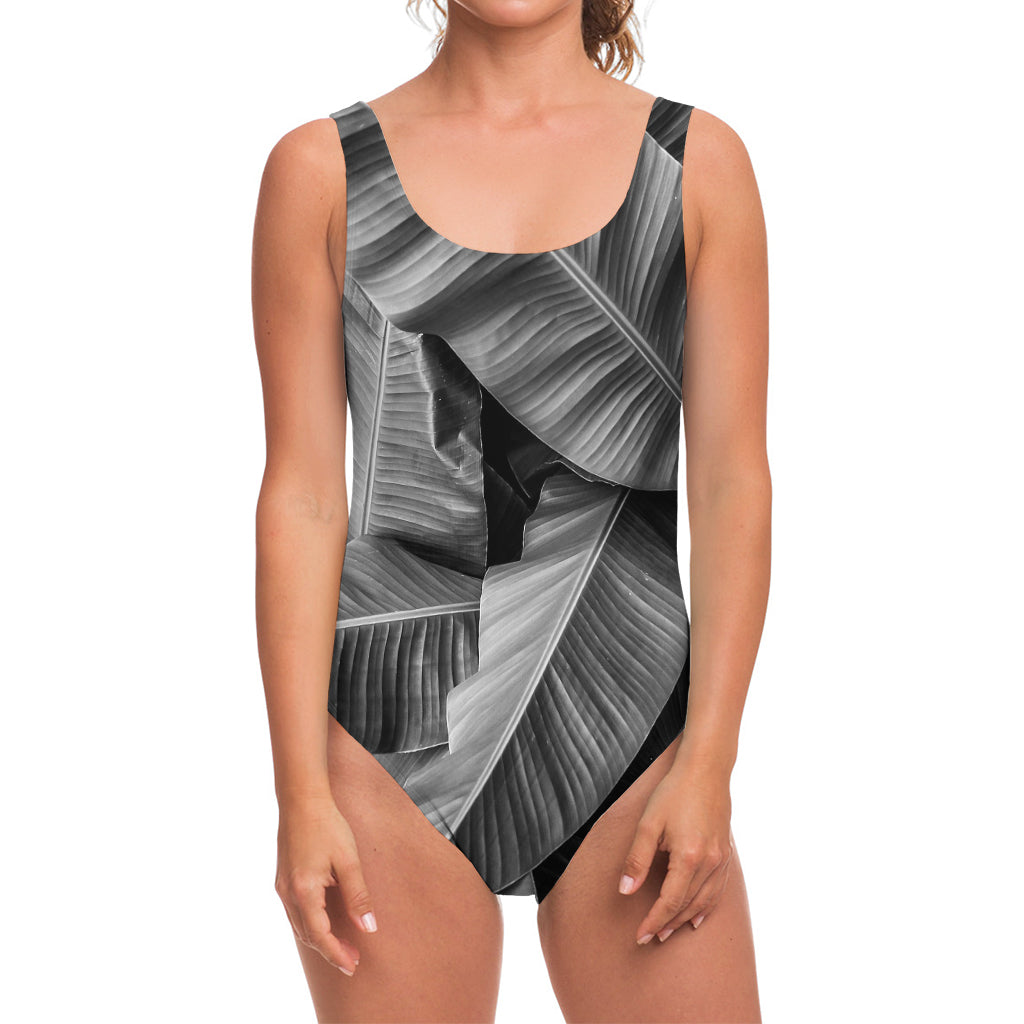 Black And White Banana Leaf Print One Piece Swimsuit