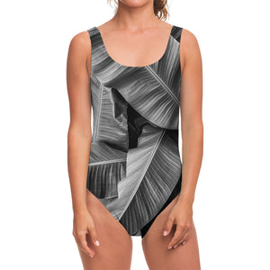 Black And White Banana Leaf Print One Piece Swimsuit