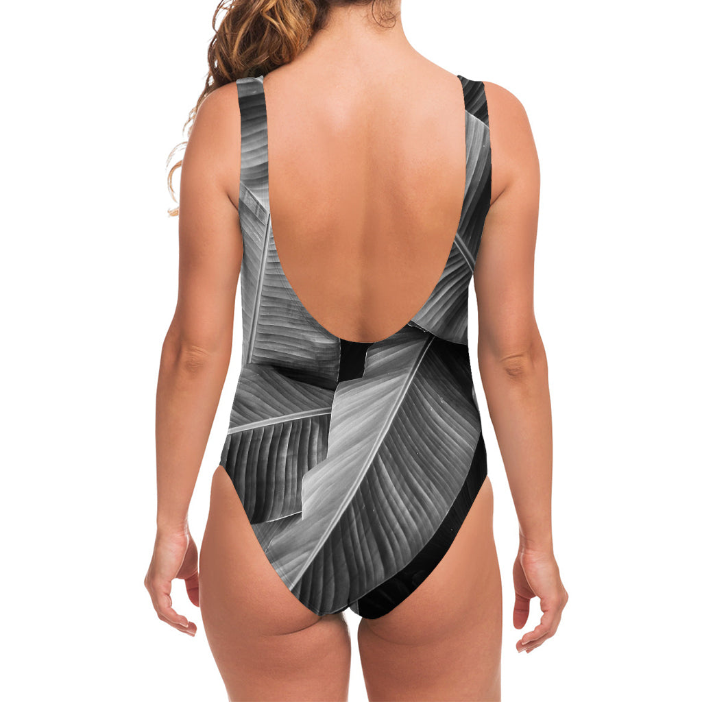 Black And White Banana Leaf Print One Piece Swimsuit