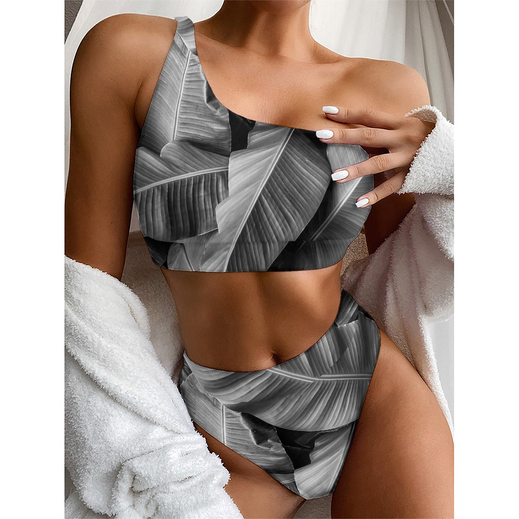 Black And White Banana Leaf Print One Shoulder Bikini Top