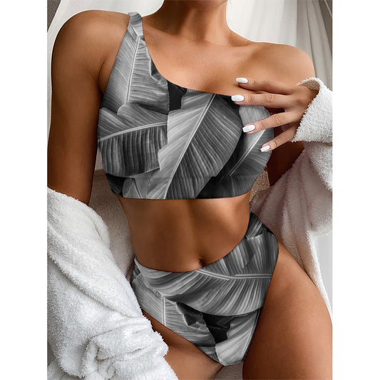 Black And White Banana Leaf Print One Shoulder Bikini Top