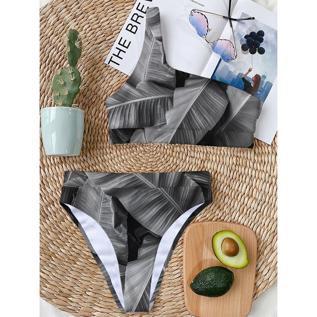 Black And White Banana Leaf Print One Shoulder Bikini Top