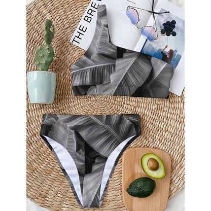 Black And White Banana Leaf Print One Shoulder Bikini Top