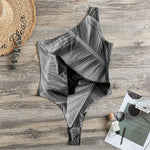 Black And White Banana Leaf Print One Shoulder Bodysuit