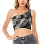 Black And White Banana Leaf Print One Shoulder Crop Top