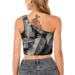 Black And White Banana Leaf Print One Shoulder Crop Top