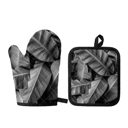 Black And White Banana Leaf Print Oven Mitt And Pot Holder Set