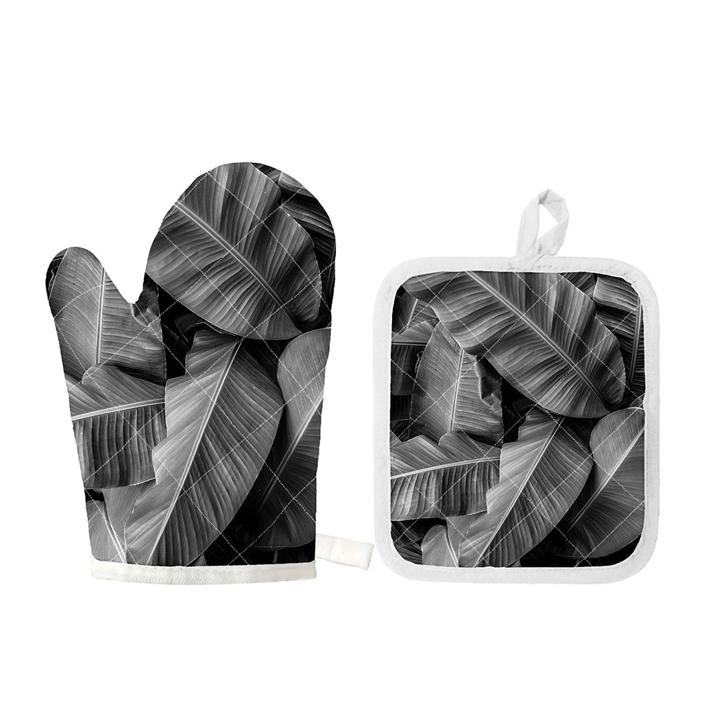 Black And White Banana Leaf Print Oven Mitt And Pot Holder Set