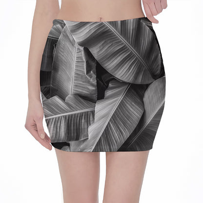 Black And White Banana Leaf Print Pencil Mini Skirt