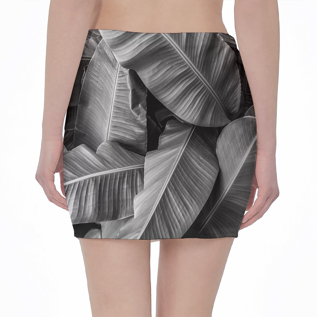 Black And White Banana Leaf Print Pencil Mini Skirt