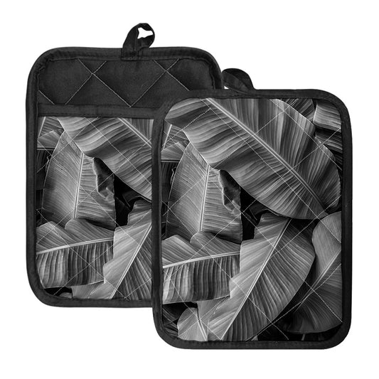 Black And White Banana Leaf Print Pot Holders With Pocket