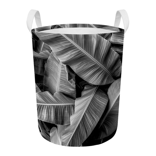 Black And White Banana Leaf Print Round Laundry Basket