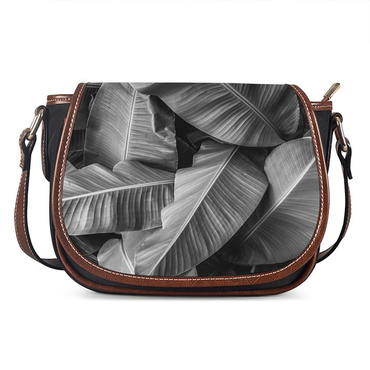 Black And White Banana Leaf Print Saddle Bag
