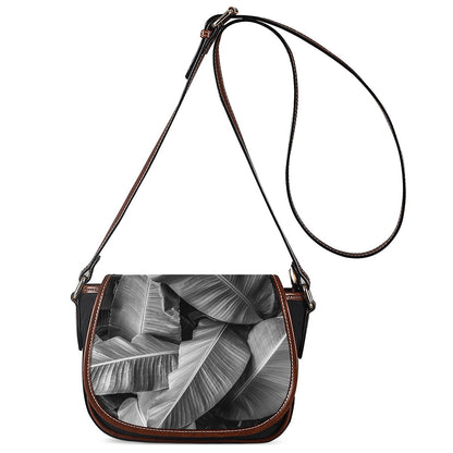 Black And White Banana Leaf Print Saddle Bag