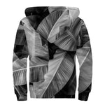 Black And White Banana Leaf Print Sherpa Lined Zip Up Hoodie
