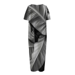 Black And White Banana Leaf Print Short Sleeve Long Nightdress