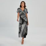 Black And White Banana Leaf Print Short Sleeve Maxi Dress