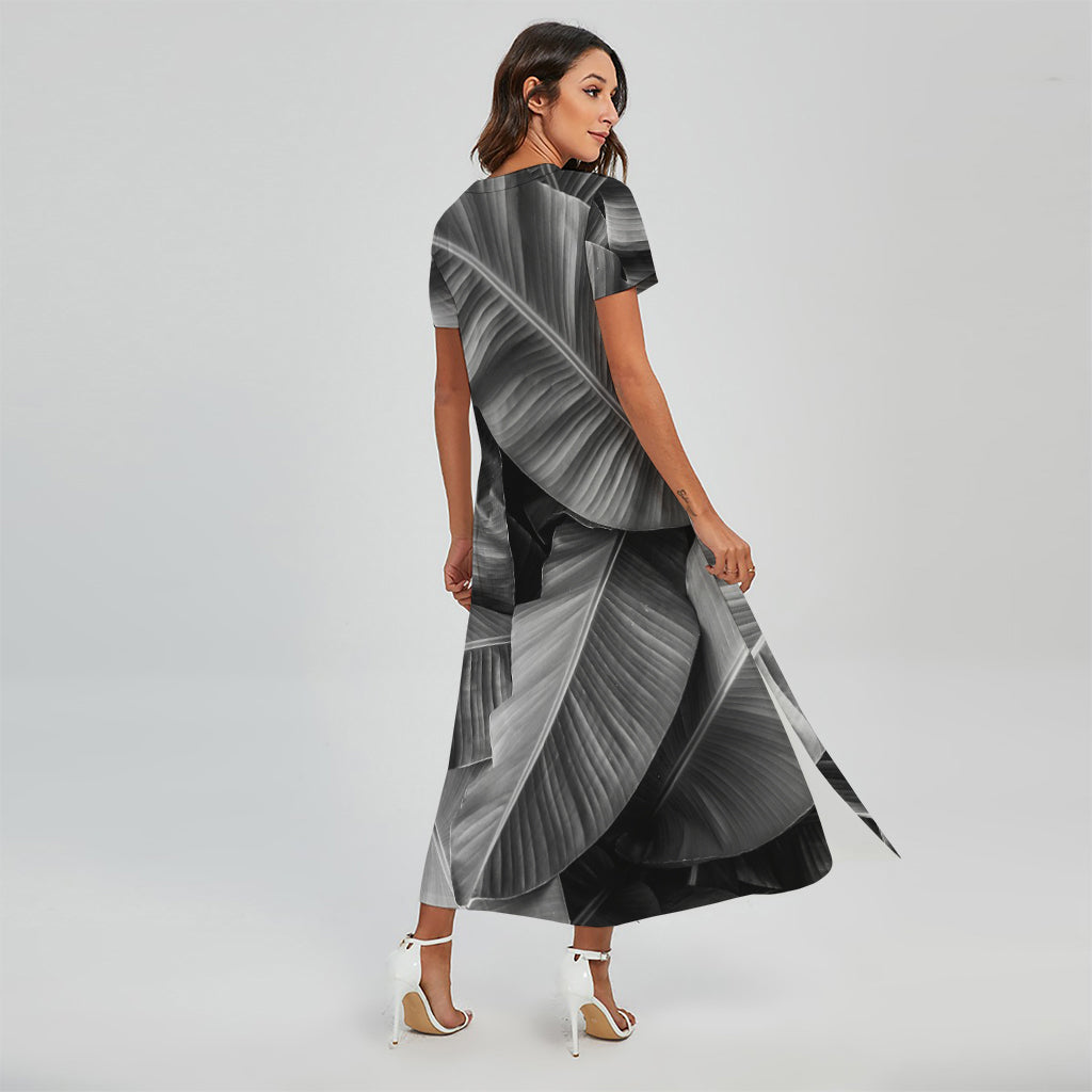 Black And White Banana Leaf Print Short Sleeve Maxi Dress