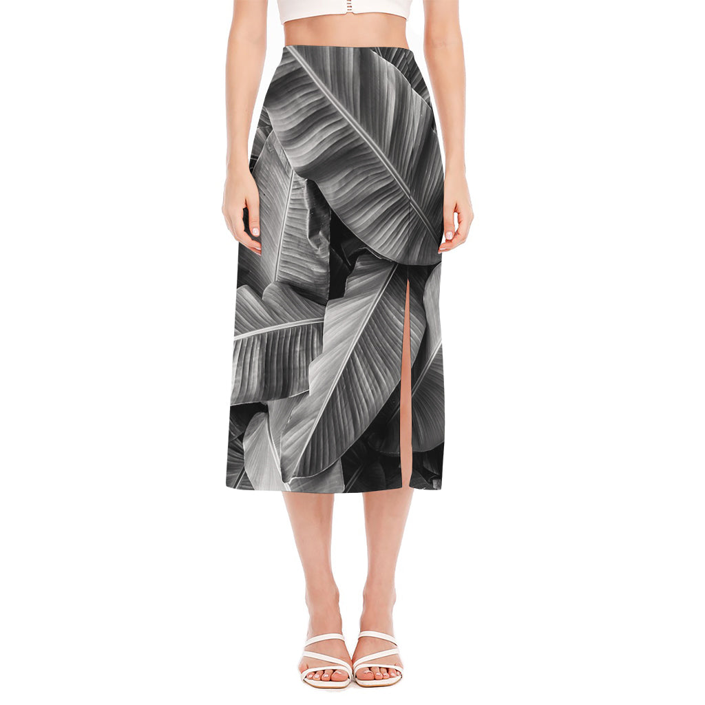 Black And White Banana Leaf Print Side Slit Midi Skirt