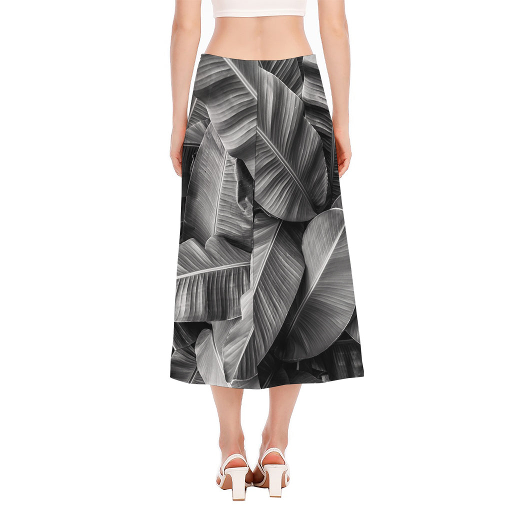 Black And White Banana Leaf Print Side Slit Midi Skirt