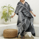 Black And White Banana Leaf Print Silk V-Neck Kaftan Dress