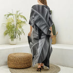 Black And White Banana Leaf Print Silk V-Neck Kaftan Dress